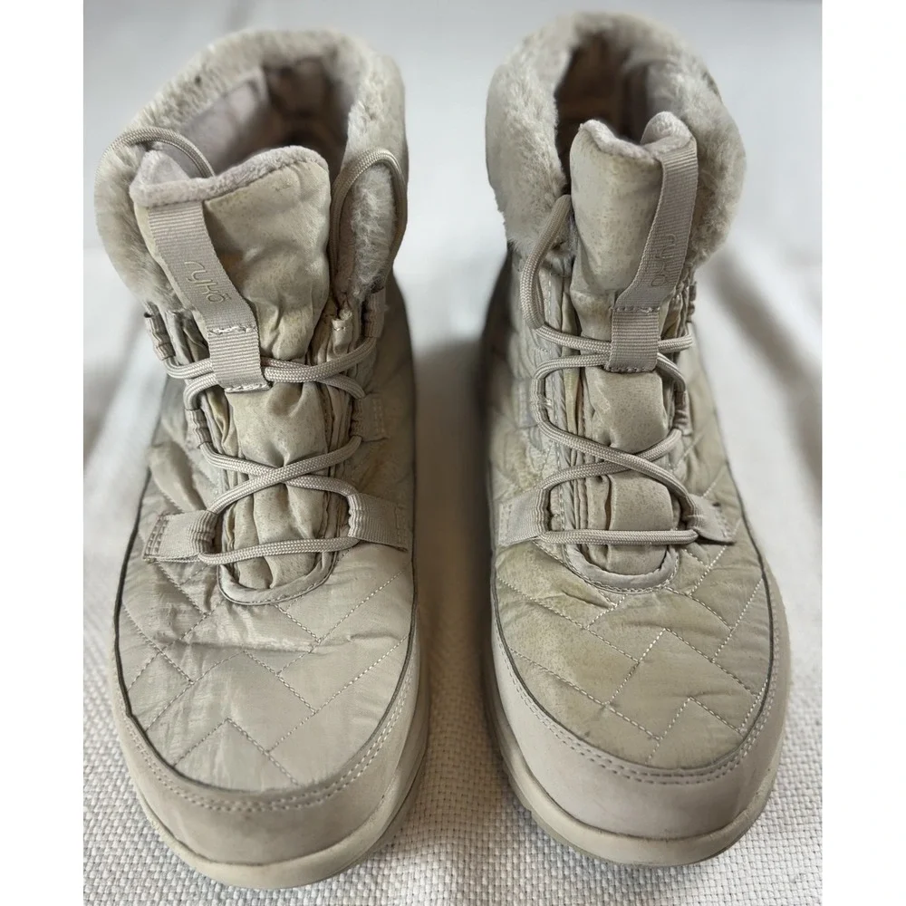 Ryka Aubonne Lace Shoes Womens Size 10M Beige Faux Fur Quilted Winter Boots Warm